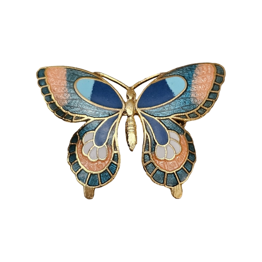 Butterfly Brooch Pin Gold Tone Blue Enamel